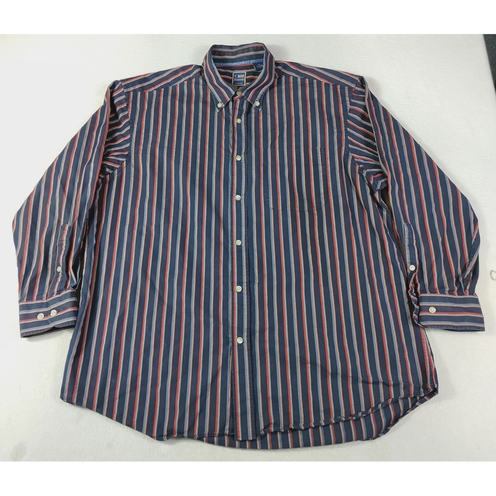 T. Harris London Shirt Men 2XL Blue Stripe Long Sleeve Button Down Cotton Casual